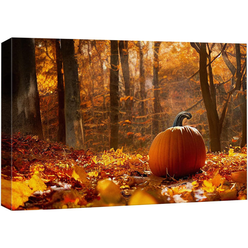 Autumn Fall "Thanksgiving Pumpkin In Orange Forest Nature Landscape Large Framed Canvas Print Decor, 12" H x 18" W