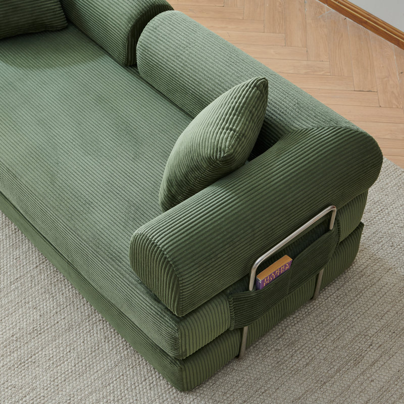 Canapé-lit futon en velours côtelé de 200 cm (78,8 po), convertible en lit de sol avec 2 oreillers et cadre fixe, vert, Vert