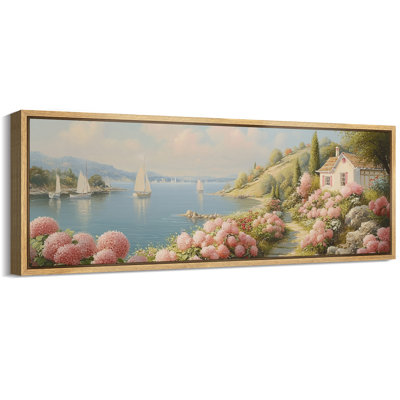 Romantique chalet côtier avec hortensias roses et voiliers - grande reproduction d'art sur toile encadrée
