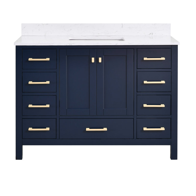 Meuble-lavabo simple 48 po avec plateau en pierre reconstituée Render, Bleu, Argent argent