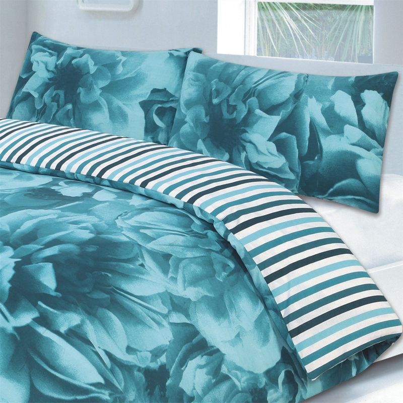 Cotton Blend Floral Duvet Cover Set with Pillowcases, Teal, Double Duvet Cover + 2 Standard Pillowcases