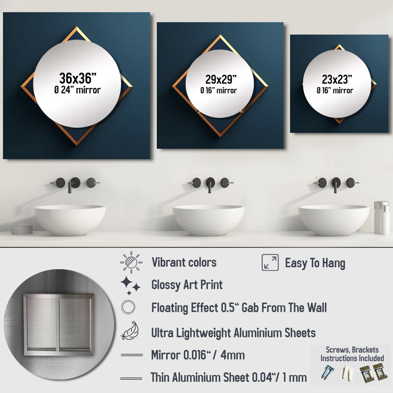 Deantoine - Grand miroir carré géométrique moderne pour décoration murale, 23 po x 23 po