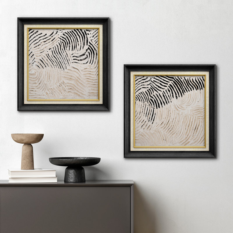Reproduction d'art moderne encadré abstrait noir et crème organique, H 26 po x l 26 po, Cadre de galerie noir