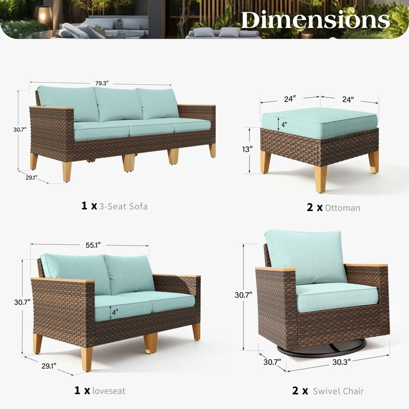 Wanyae Outdoor Wicker Patio Conversation Furniture Set With Swivel Chairs, No, 6 Pcs: Sofa, Loveseat, 2 Chairs, 2 Ottomans