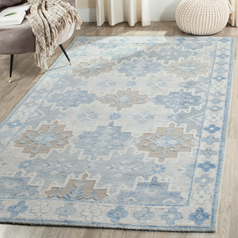 Tapis bleu en soie / coton / lin noué à la main Baum, Rectangle 5 pi x 8 pi
