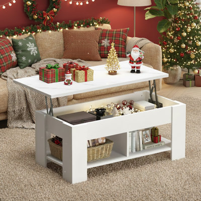 Lift Top Coffee Table, 4-in-1 Multifunctional Rising Expandable Coffee Table with Hidden Storage, Convertible to Laptop Desk or Dining Table for Living Room, Home Office, Small Spaces - Modern Wooden Centre Table with Gas Spring Mechanism,Marble