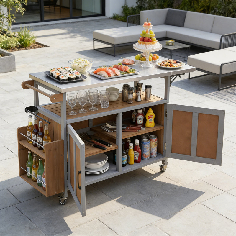 Foldable Outdoor Kitchen Island With Lockable Wheels And Towel Rack, Espresso/Gray