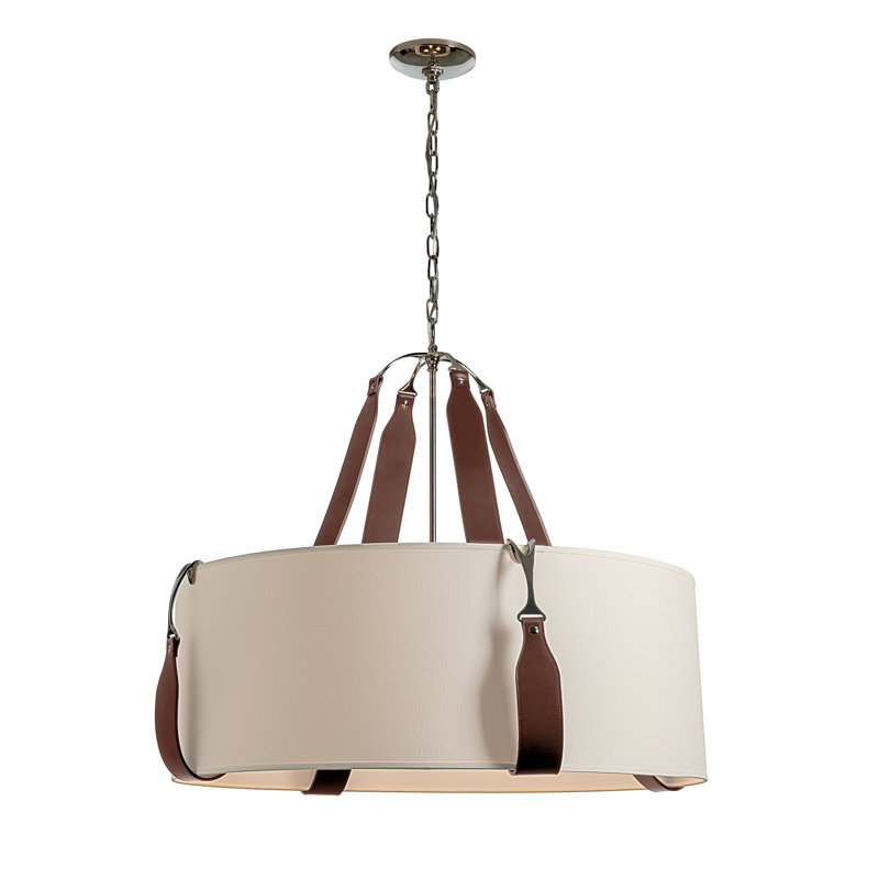 Saratoga 4 - Light Drum Pendant, Flax Shade, British Brown Leather, Antique Brass