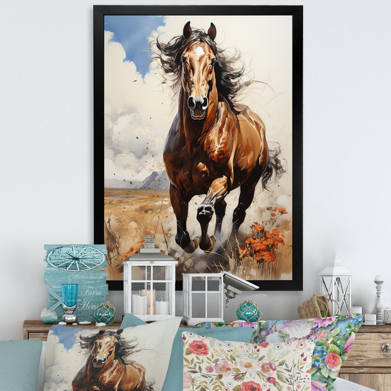 Cheval brun au galop dans la nature - Cheval, décoration murale animal, Cadre simple noir, H 20 po x l 12 po x P 1 po