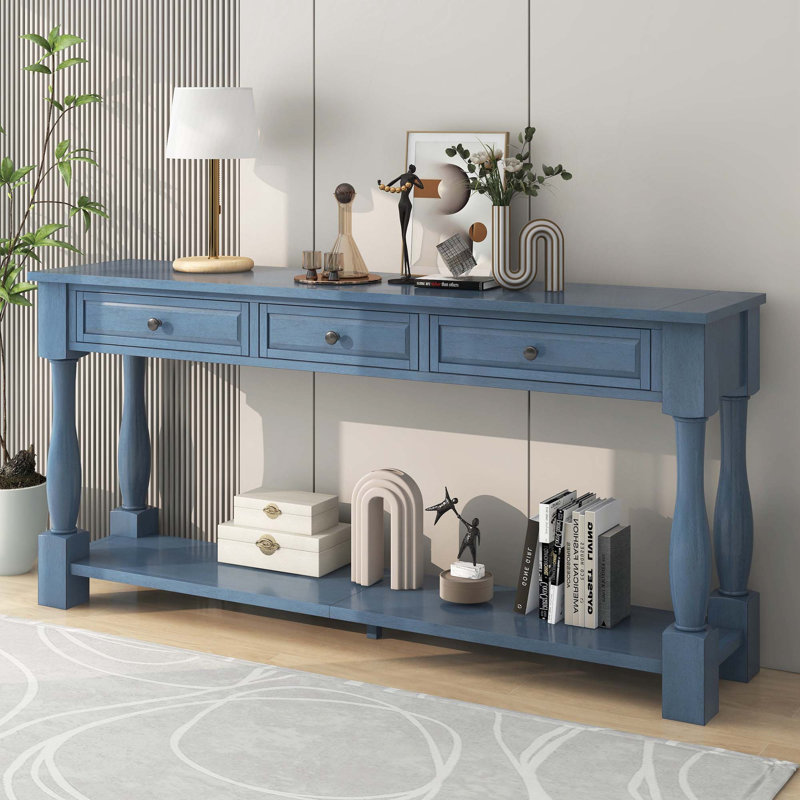 63" Long Wood Console Table With 3 Drawers And 1 Bottom Shelf For Entryway, Hallway, Marine
