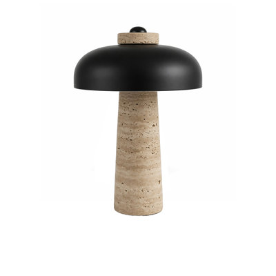 Lampe de table 18 po Mid-Century moderne en travertin avec abat-jour en métal noir
