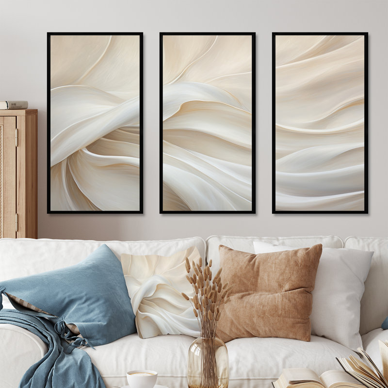 White Silk Fabric River - Fashion Canvas Wall Art Set, Black Floater Framed, 32" H x 48" W