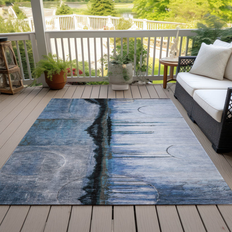 Tapis bleu intérieur / extérieur lavable à la machine Xhevrie, Rectangle 10 pi x 14 pi
