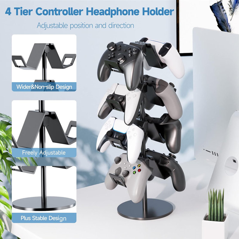 Controller Holder 4 Tier,Headphone Stand - Adjustable Controller Stand For Xbox PS5 PS4 Switch Pro,Black