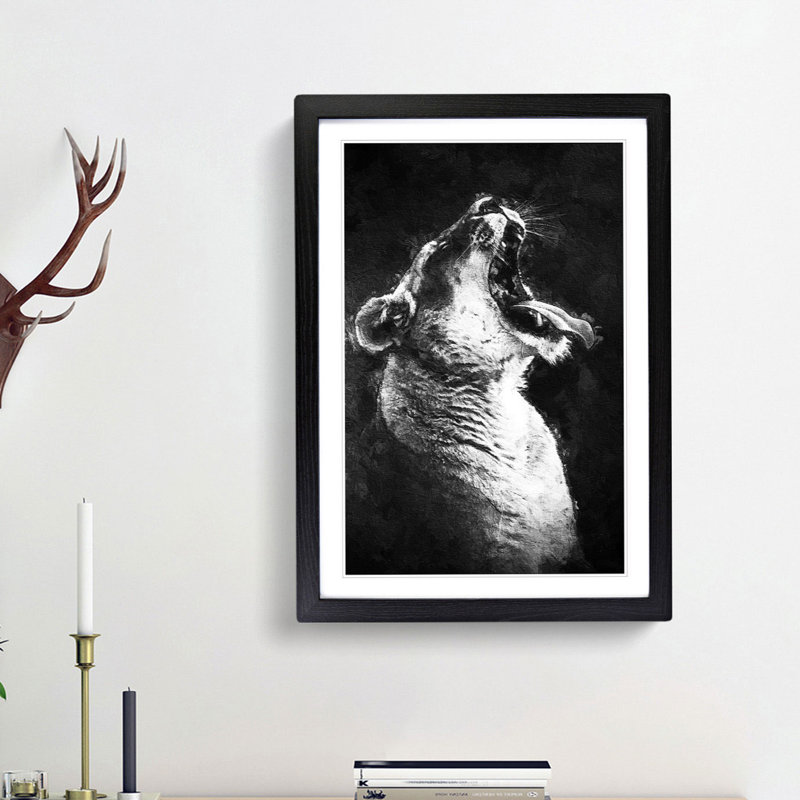 Yawning Lioness - Framed Print, 65cm H x 48cm W x 2cm D, Black Framed
