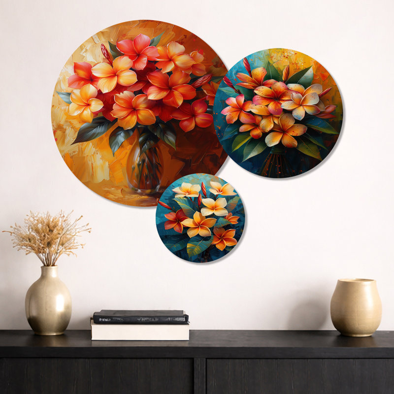 Ensemble de 3 décorations murales en métal orange et rouge Plumeria Vibrant Bouquet II I - Plumeria