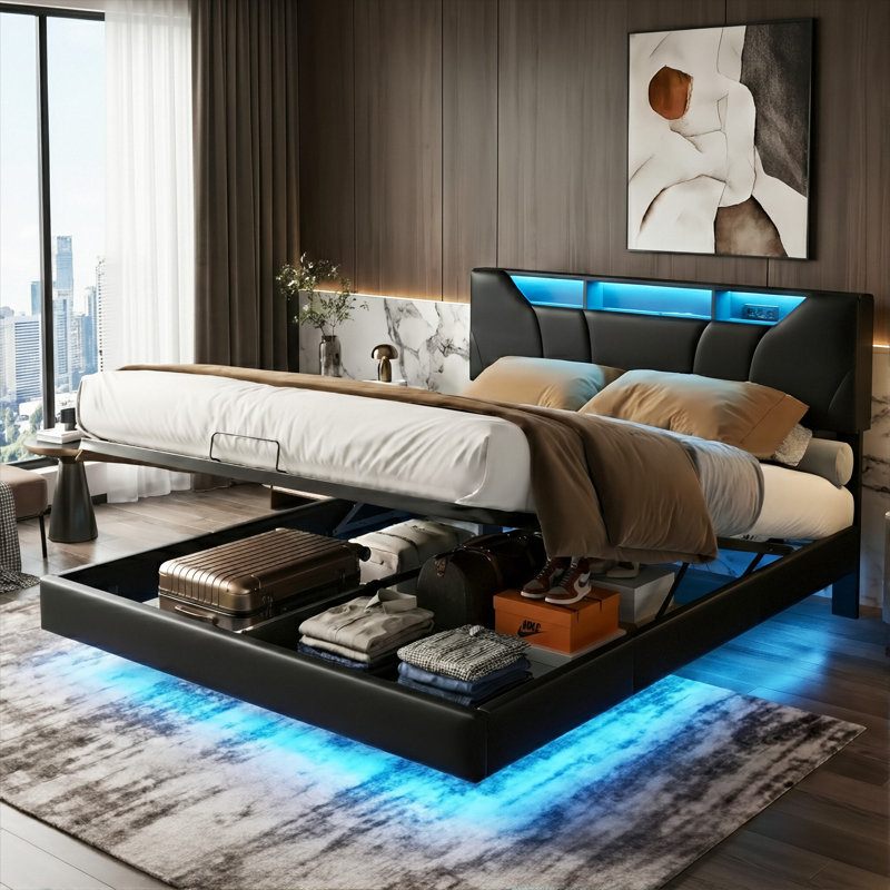 Floating Hydraulic PU Upholstered Ottoman Bed With LED & Charging Station (USB/Type-C), 140X200cm Double / 160X200cm King, Black Faux Leather Smart Storage