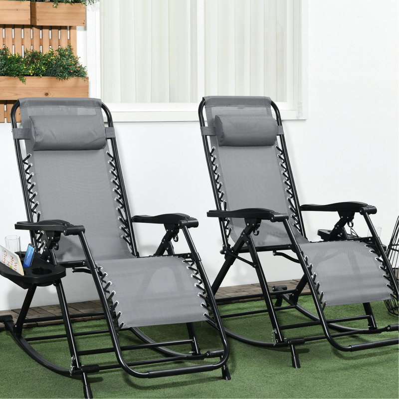Chaises berçantes d'extérieur pliables, 2 chaises berçantes zéro gravité avec coussin, porte-gobelet et support pour téléphone, gris. Structure en acier, tissu respirant. Assemblage - Fauteuil inclinable gris, fabriqué et résistant aux intempéries