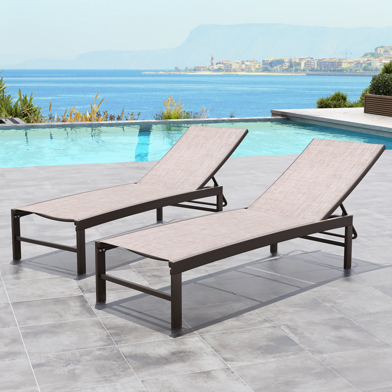  Ensemble de chaise longue inclinable réglable en métal Antrea, Filet beige / cadre brun
