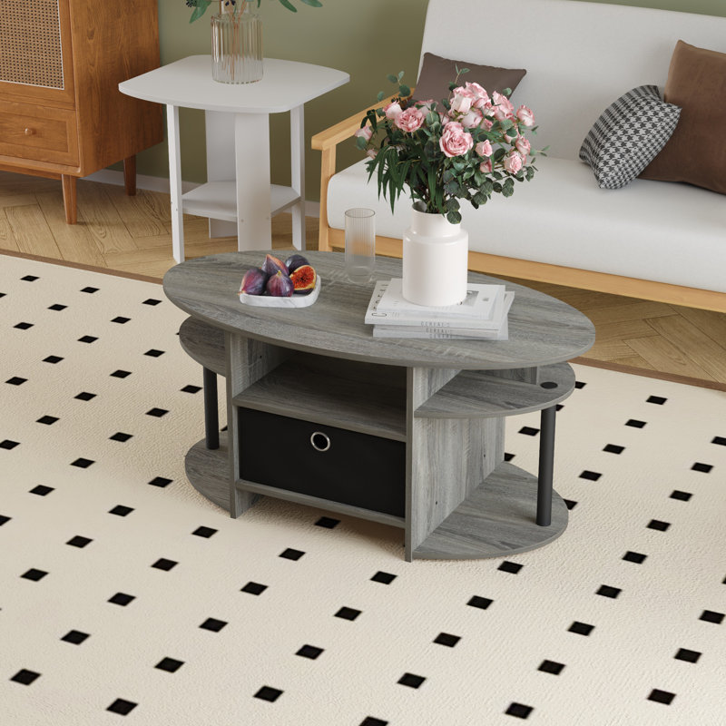 Modern Wood Storage Tea Table Coffee Table with Shelves & Bin Drawer for Small Space Living Room, French Oak Grey;Black