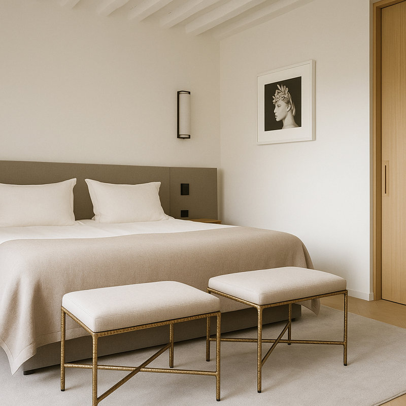 Banc en tissu Iyania Chenille, Tissu chenille crème, Doré