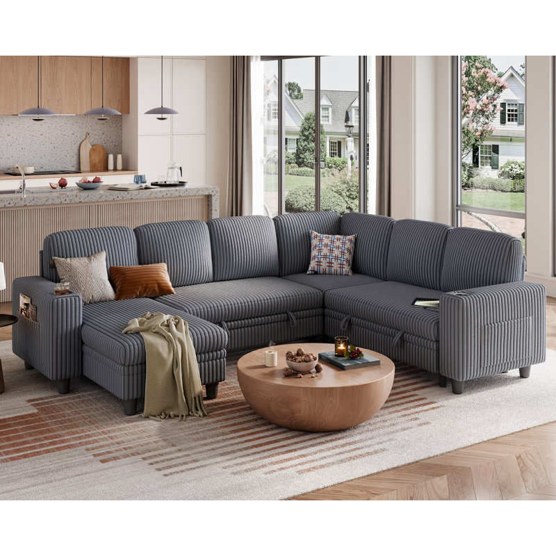 Sherry 106" Convertible Plush Corduroy Sleeper Sectional With Storage Chaise & USB Charging, Milo Gray Corduroy