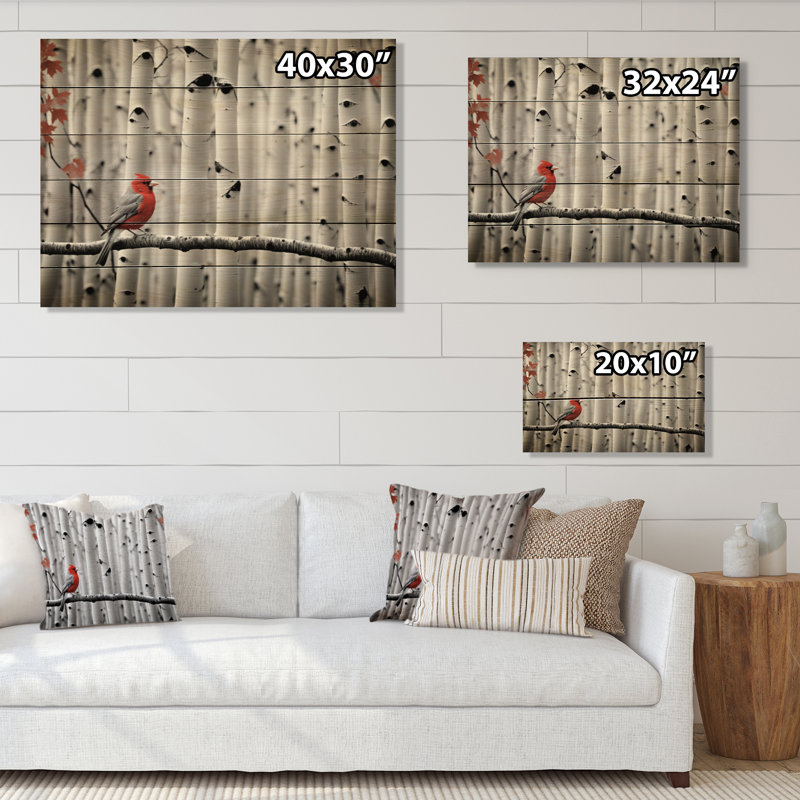 Oiseau monochrome rouge et gris dans la forêt I sur bois, H 24 po x l 32 po x P 0,78 po