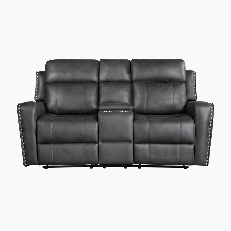 Ikher 72" Modern & Contemporary Polished Microfiber Power Double Reclining Love Seat with Power Motion, USB Charging, Center Storage Console & Elegant Nailhead Trim