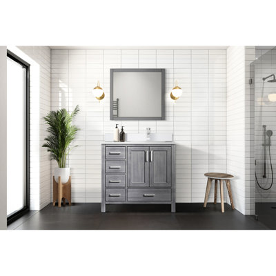 36 po De meuble-lavabo gris l patiné avec profondeur 22, comptoir en quartz blanc décalé à droite, robinet inclus, conception à fermeture en douceur, une armoire intérieure et cinq tiroirs de rangement