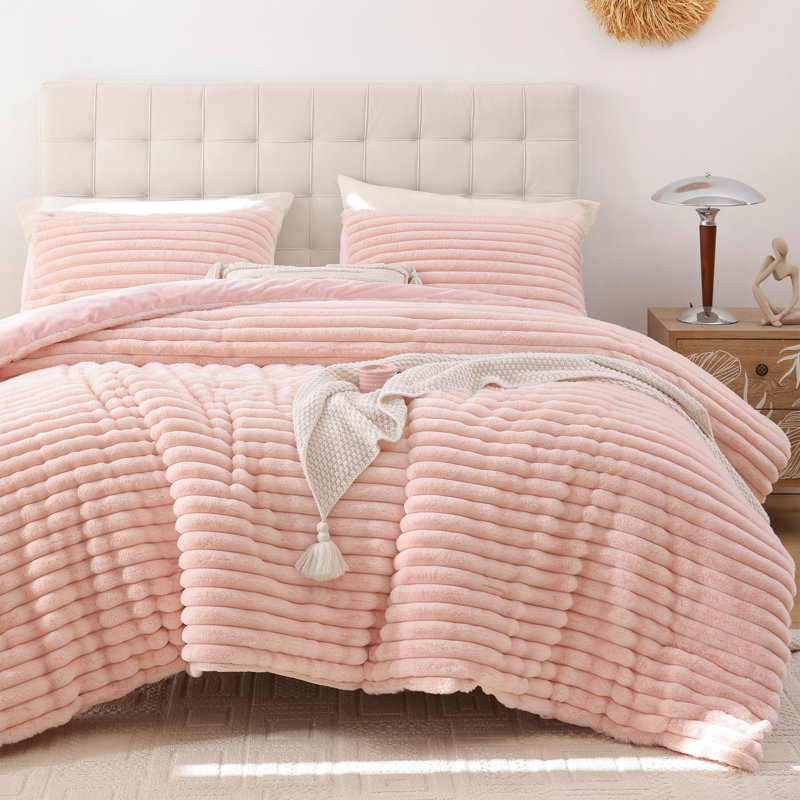 Fluffy Comforter Set 3 Pieces- All Seasons Heavy Faux Fur Comforter With Two Pillowcases, Blush