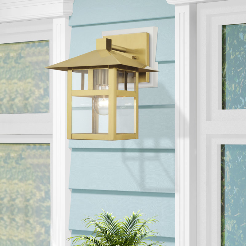 1 Light Satin Gold Large Outdoor Wall Lantern With Clear Glass, Textured Black