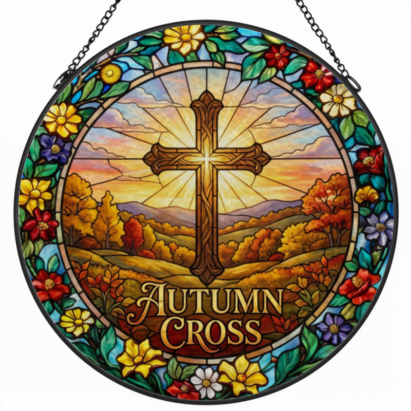 7.8"H Autumn Cross Stained Glass Window Panel, 7.8" H x 7.8" W