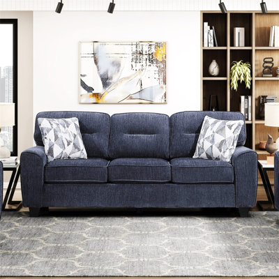 Durable Chenille Fabric Sofa W Decorative Pillows Blue Contemporary Living Room Furniture 1Pc