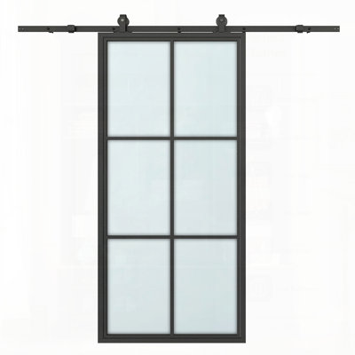 6-Lite Frosted Glass Black Aluminum Interior Sliding Barn Door With Hardware Kit, Perfect For Modern And Minimalist Spaces