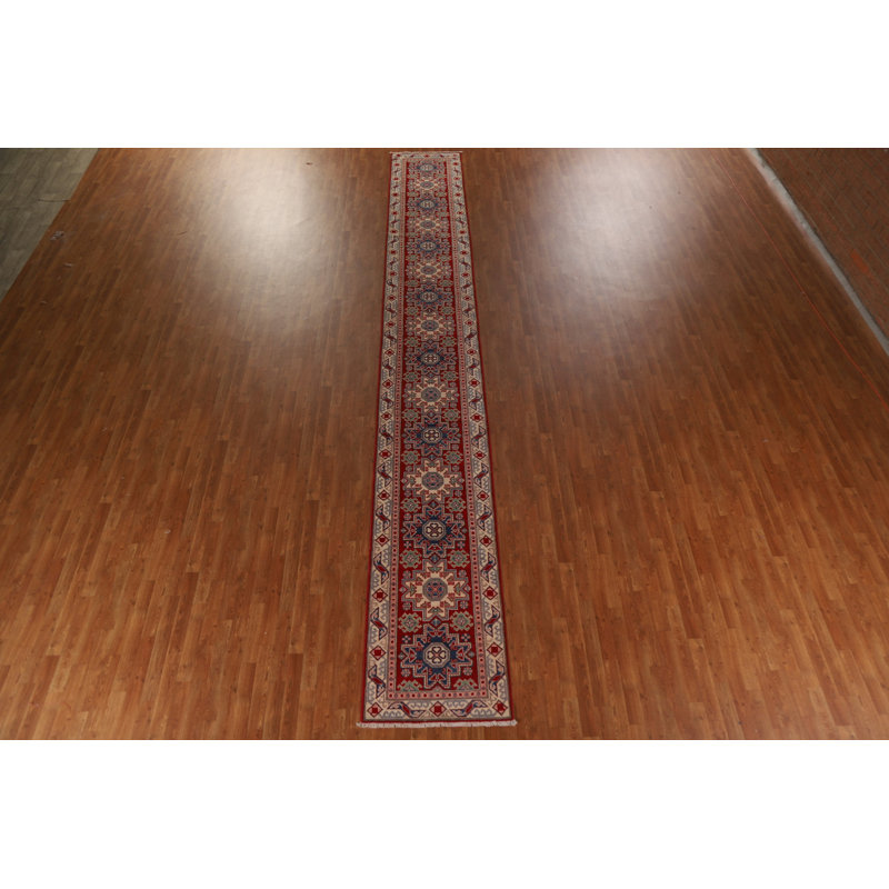 Handmade Kazak Geometric Runner Rug 3x19