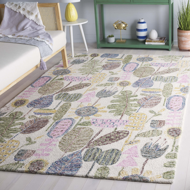 Tapis floral en coton touffeté à la main Jardin / Bleu / Rose, Rectangle 4 po x 6 po