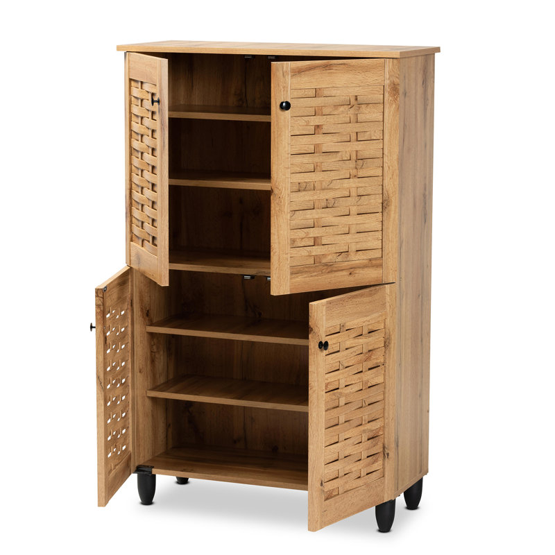 Essien Shoe Storage Cabinet in Oak Brown Wood with 4 Door 6 Shelves, 48.2" H X 30" W X 13.1"D