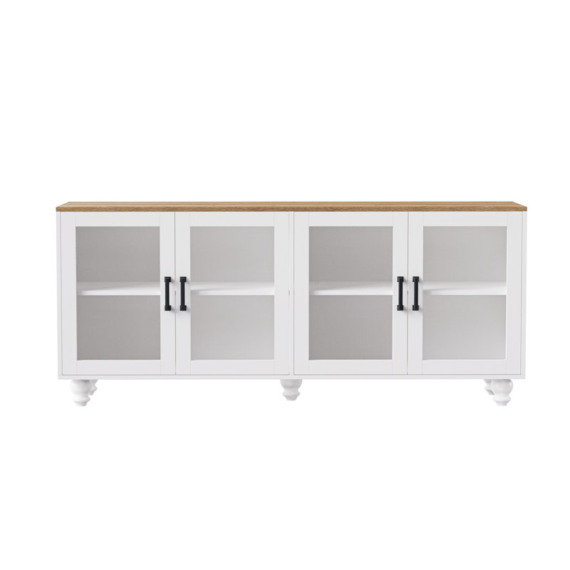 Farmhouse Media Storage Console with Glass Doors, Adjustable Shelves & Solid Wood Legs, Fits TVs up to 70" – White/Natural