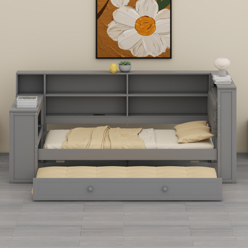 Lit plateforme moderne avec bureau intégré, station de charge et éclairage DEL, Grey+ Grey Cushion