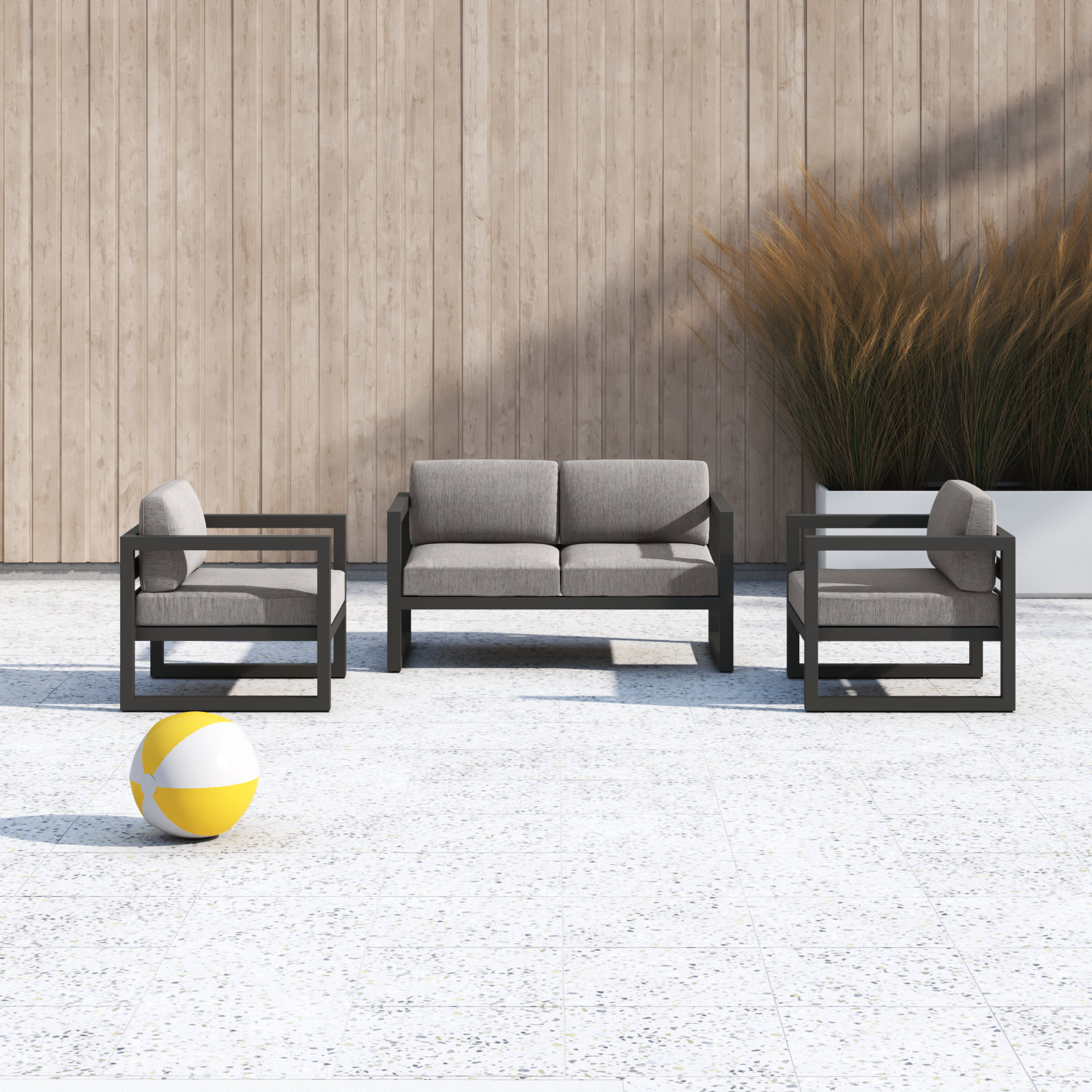 Smith 3 Piece Sofa Seating Group with Sunbrella Cushions, Cast Silver, Slate