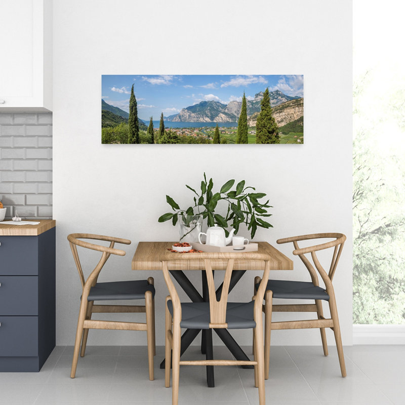 Lac de Garde, cyprès, vue, contemporain, cyprès, paysage, montagne, art mural, H 12 po x l 36 po