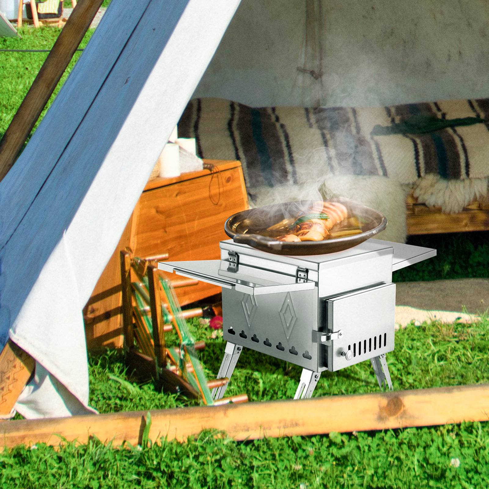 Poêle à bois de tente en acier inoxydable avec tuyaux de cheminée