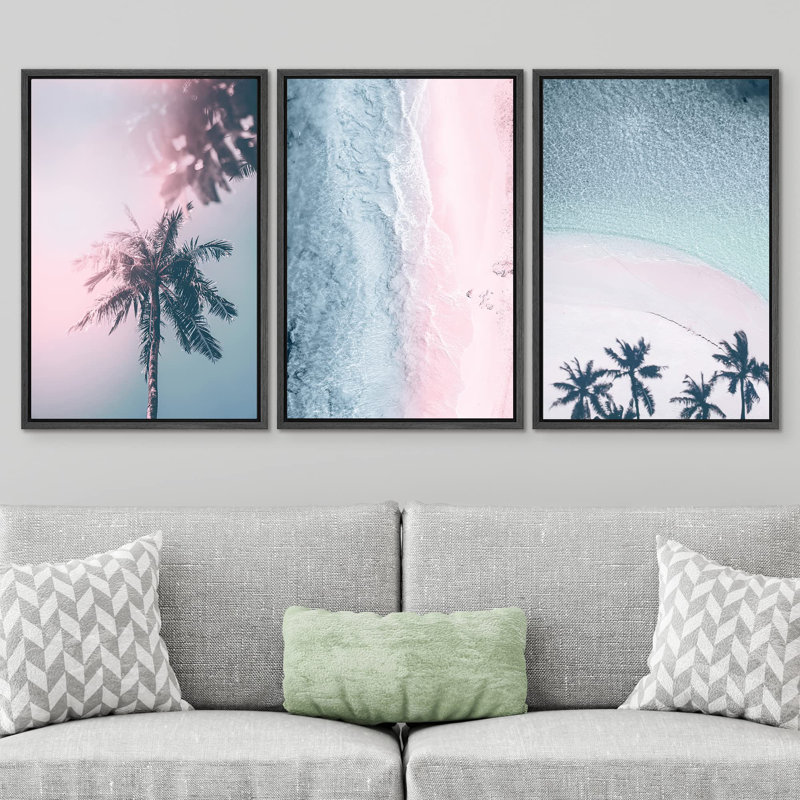 " Pastel Duotone Retro Palm Tree Island Beach Coastal Nautical Photography Modern Art Seascape Relax " 3 - Pieces, Noir