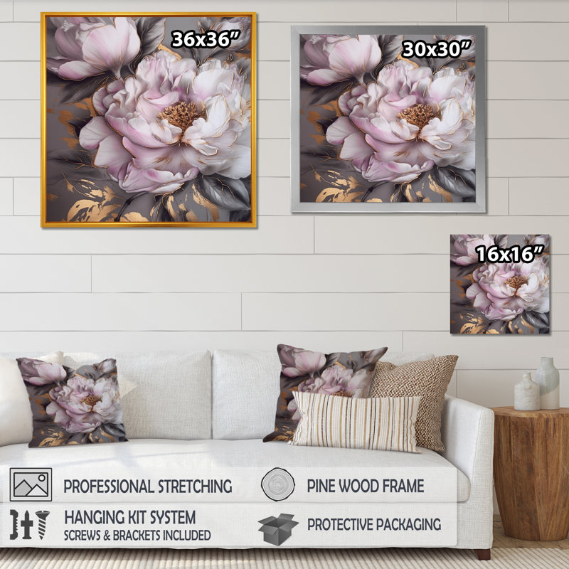 " Pink Grey Peonies Elegance III ", 16" H x 16" W x 1" D, Wrapped Canvas