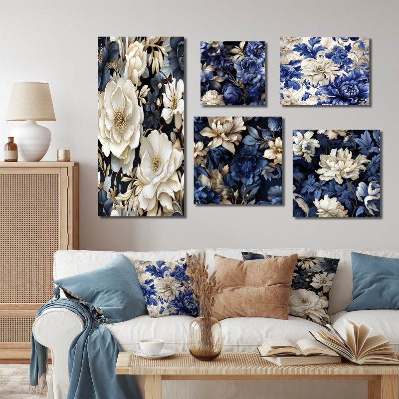Rella - Ensemble de 5 impressions murales sur toile florale, Toile tendue