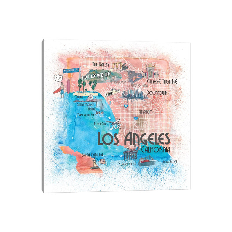 «Los Angeles USA Illustrated Map» par Markus et Martina Bleichner, reproduction d'art sur toile tendue