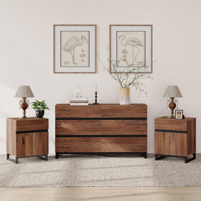 3-Piece Modern Bedroom Furniture Set, 47-Inch Dresser With 6 Drawers And 2 Nightstands Featuring Drawer And Cabinet Design, Bedroom Set Of 3