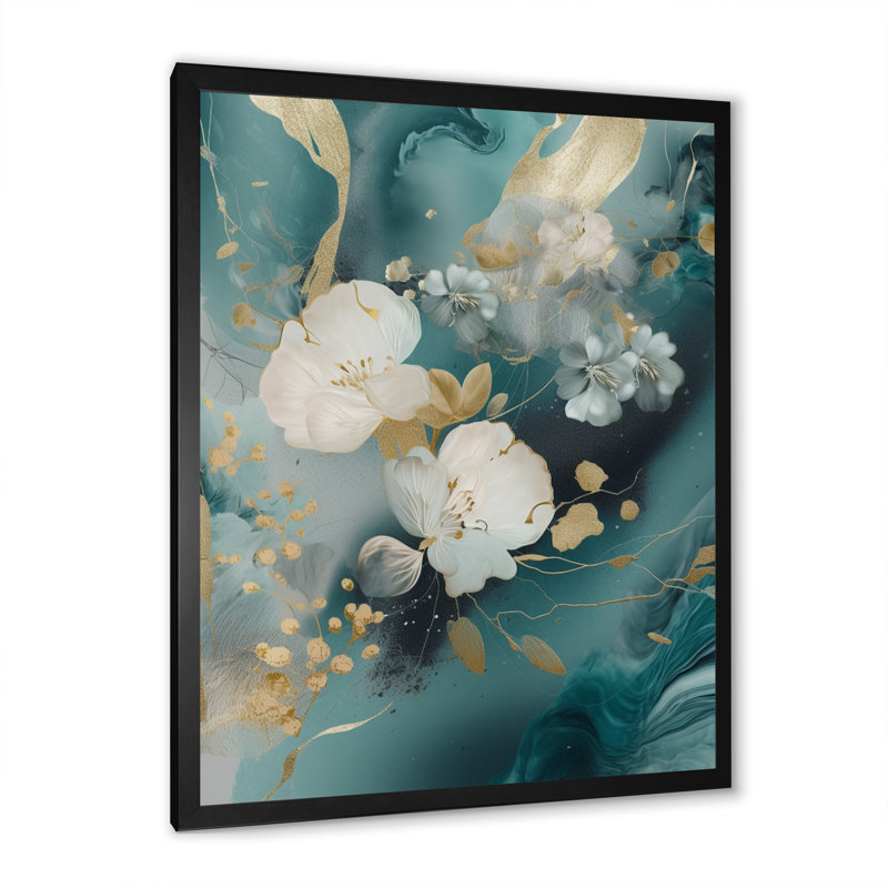 Motif de fleur de marbre doré bleu II - impression, Cadre photo noir, H 20 po x l 12 po x P 1 po