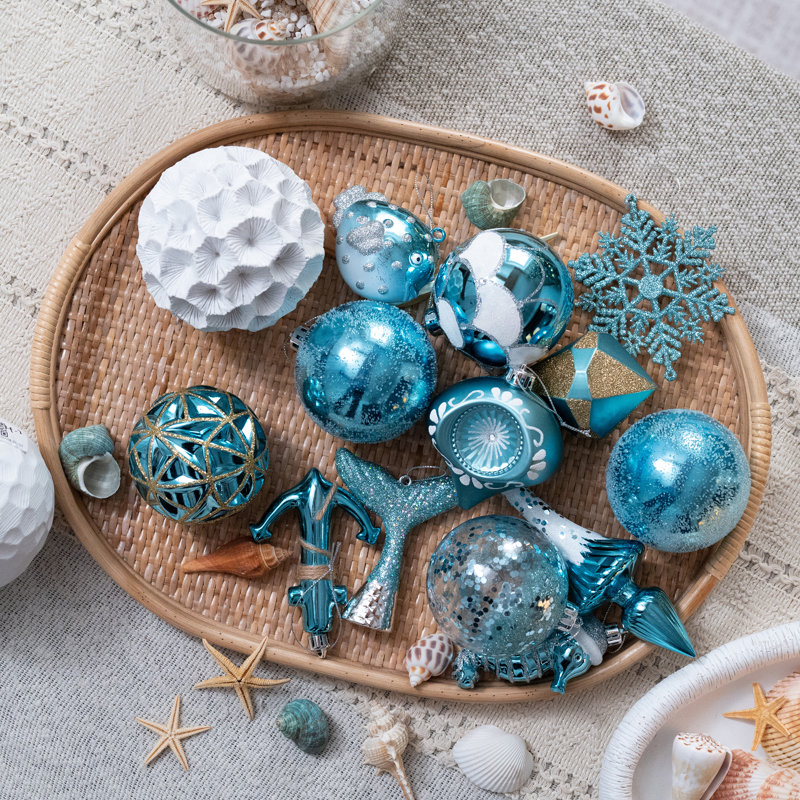  Ensemble de décorations d'arbres Summer Beach, boules de Noël bleu clair et argent incassables de 60 carats en vrac, océan nautique côtier suspendu à décor de fêtes de Noël