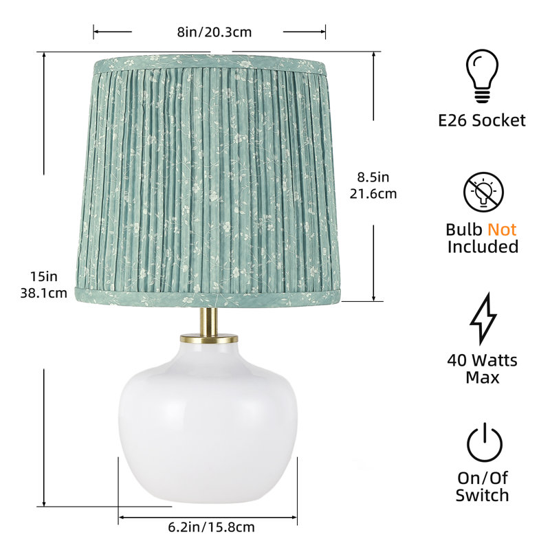 15 Inch Decorative Glass Table Lamp Set, Milky White Base with Teal Floral Shade for Bedroom or Nursery